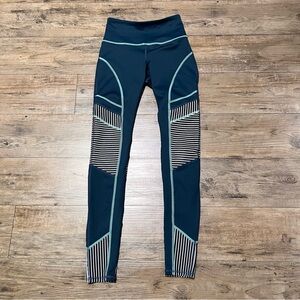 FILA Sport Leggings Yoga Exercise Workout Pants Striped Teal White Black Design